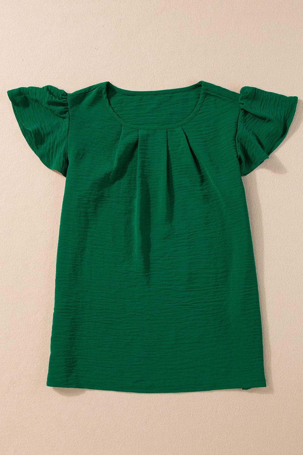 Emerald Green Crinkle Textured Flutter Sleeve Pleated Blouse