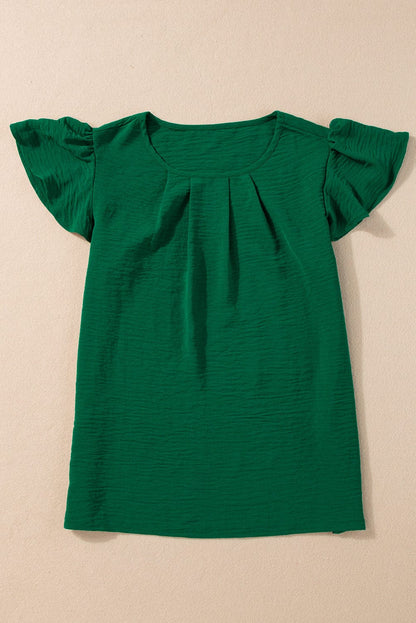 Emerald Green Crinkle Textured Flutter Sleeve Pleated Blouse