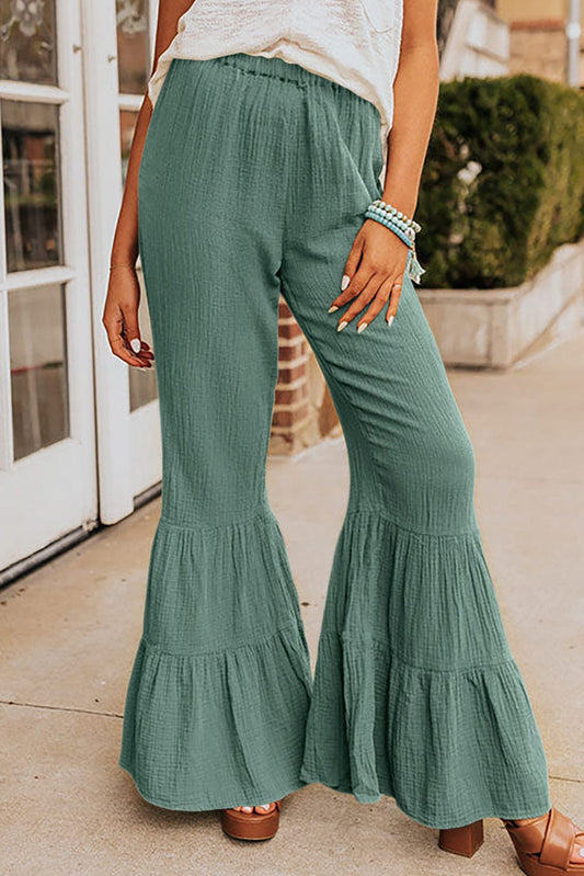 Emerald Green Flared Ruffle Pants with High Waist