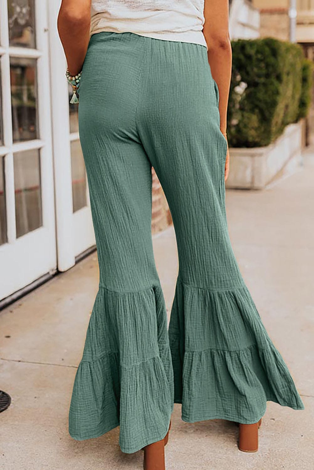 Emerald Green Flared Ruffle Pants with High Waist