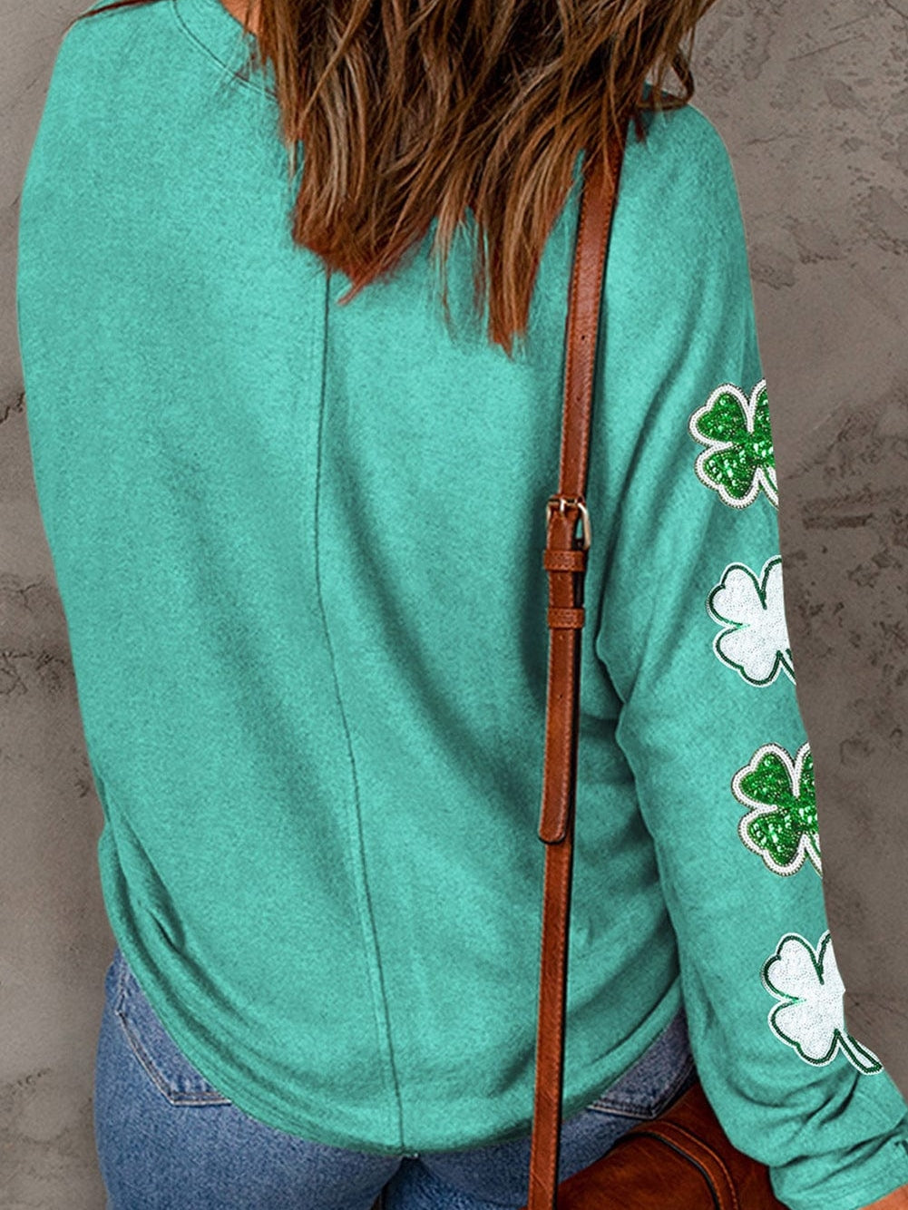 Emerald Green Sequin Four-Leaf Clover Patched Sweater Top