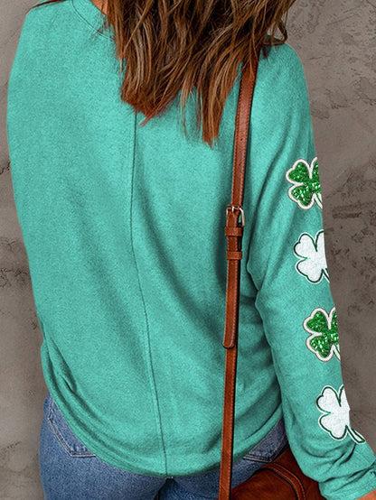 Emerald Green Sequin Four-Leaf Clover Patched Sweater Top