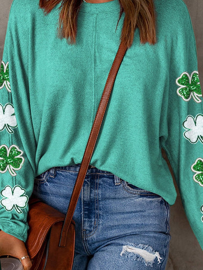 Emerald Green Sequin Four-Leaf Clover Patched Sweater Top