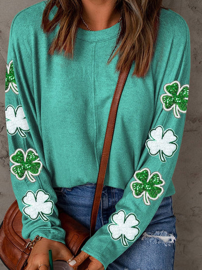 Emerald Green Sequin Four-Leaf Clover Patched Sweater Top