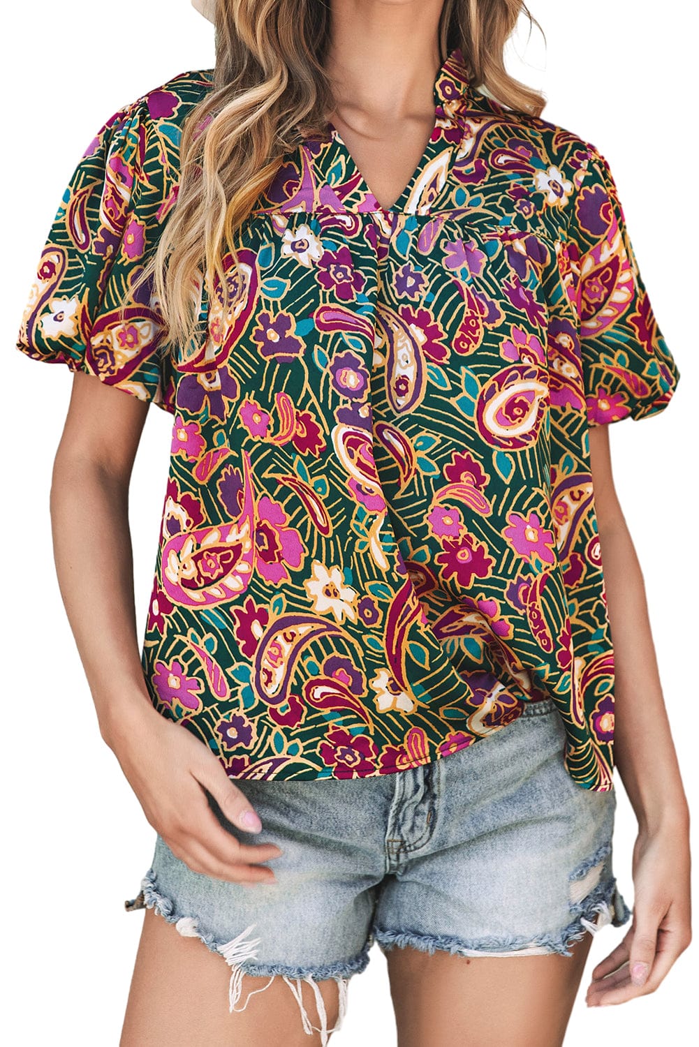 Emerald Paisley Bubble Sleeve V Neck Blouse