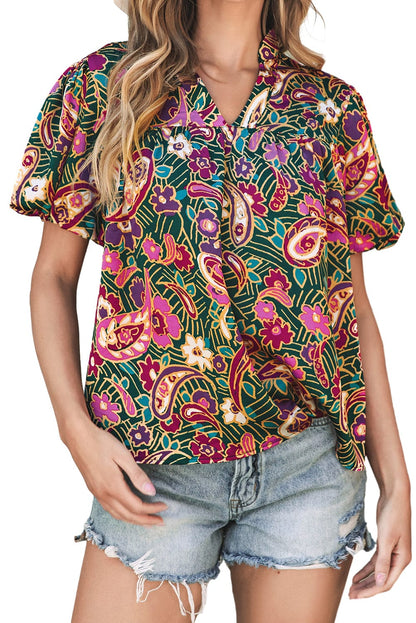 Emerald Paisley Bubble Sleeve V Neck Blouse