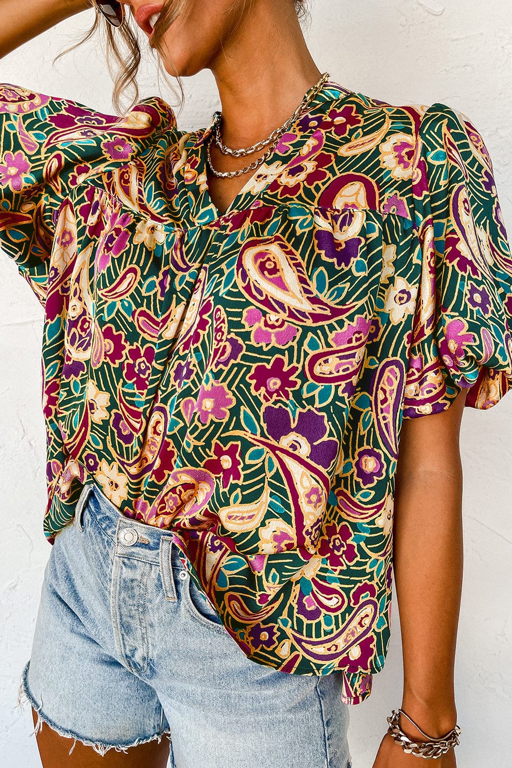Emerald Paisley Bubble Sleeve V Neck Blouse