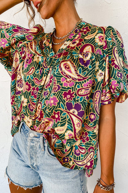 Emerald Paisley Bubble Sleeve V Neck Blouse