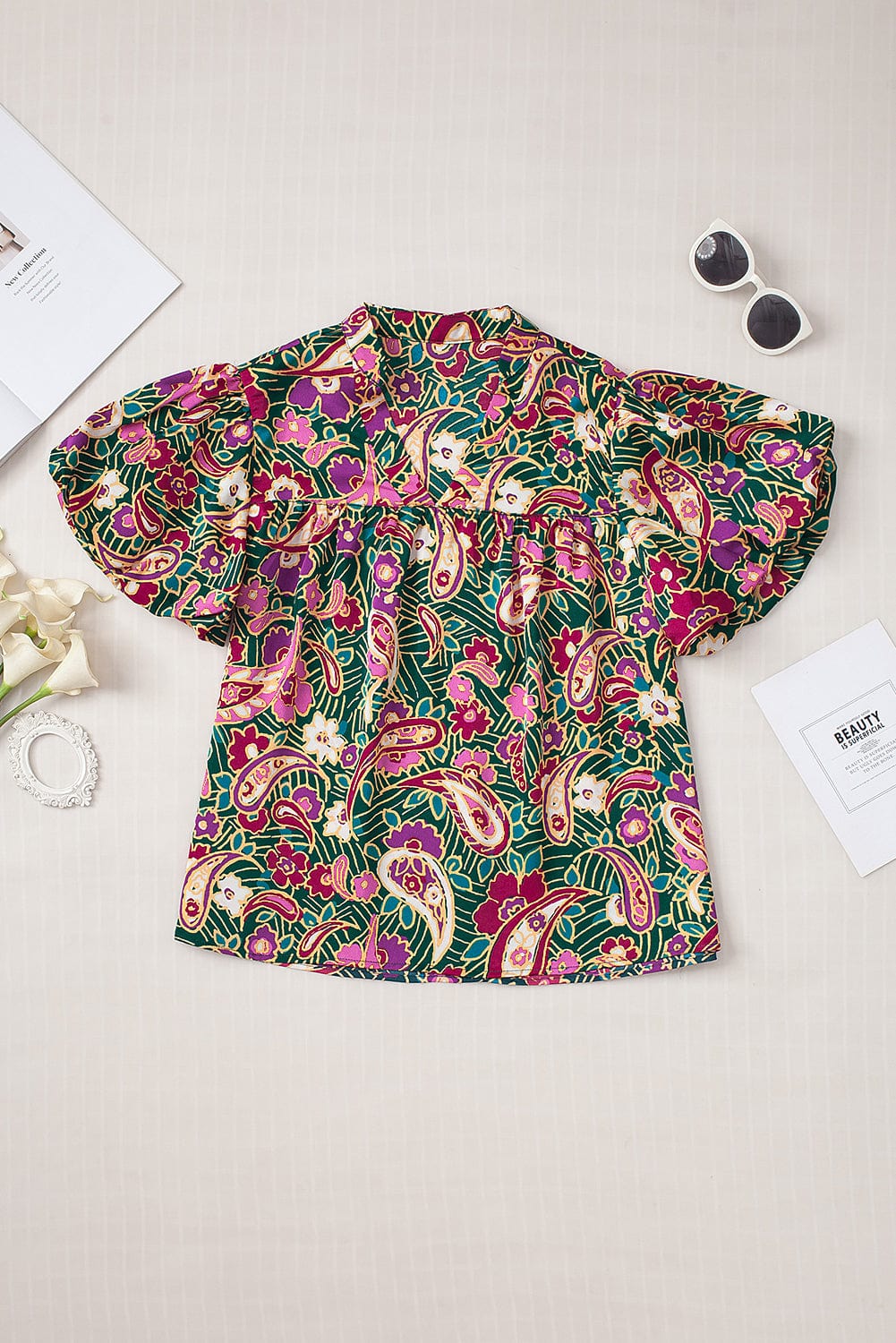 Emerald Paisley Bubble Sleeve V Neck Blouse