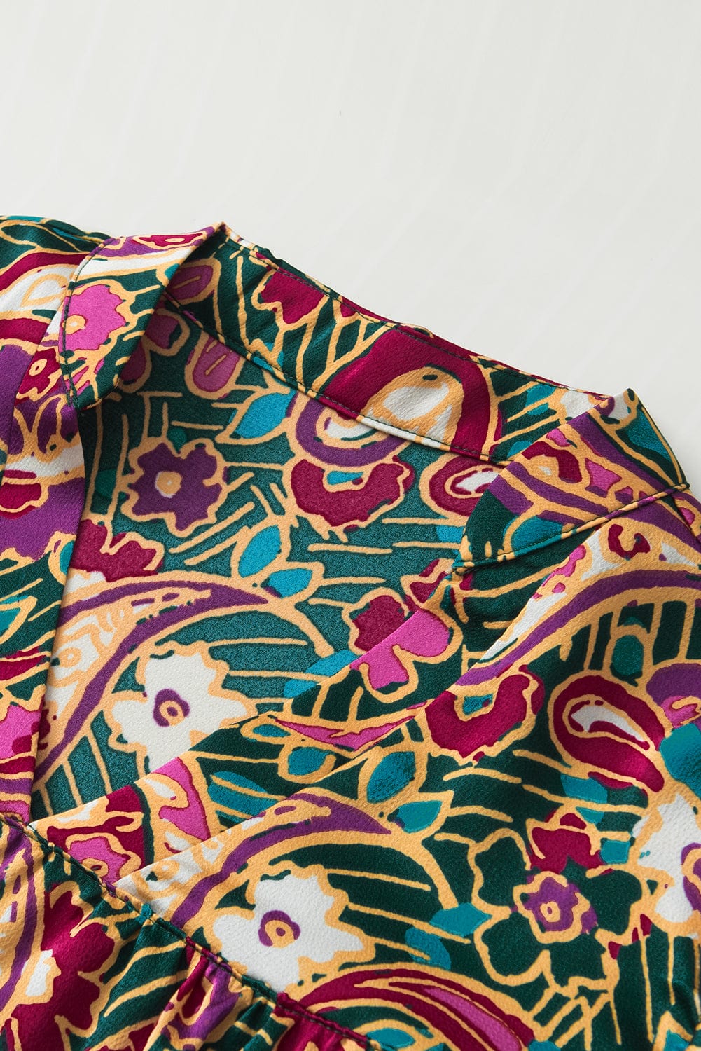 Emerald Paisley Bubble Sleeve V Neck Blouse