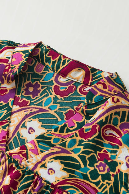 Emerald Paisley Bubble Sleeve V Neck Blouse