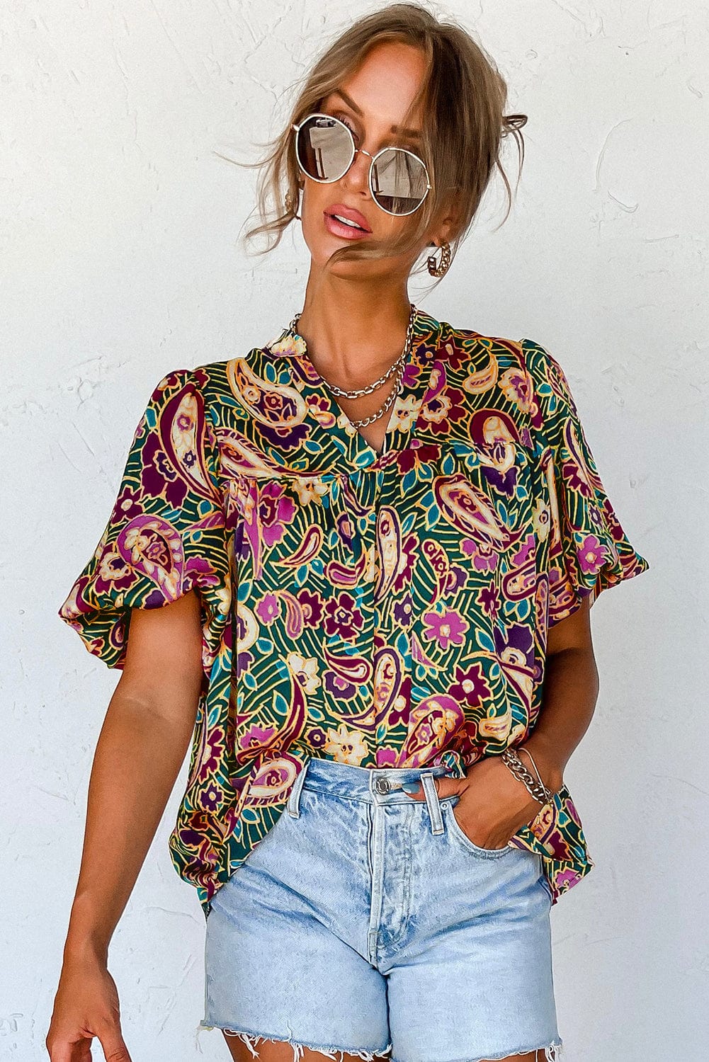 Emerald Paisley Bubble Sleeve V Neck Blouse