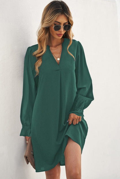 Emerald V Neck Shirt Dress with Ruffled Sleeves