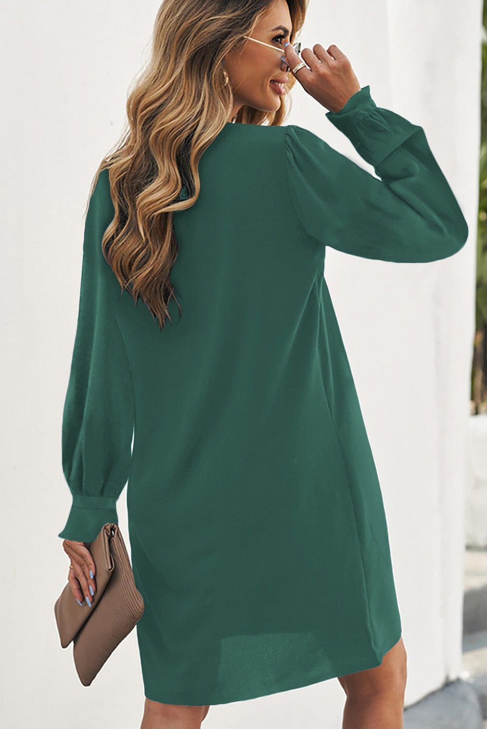 Emerald V Neck Shirt Dress with Ruffled Sleeves