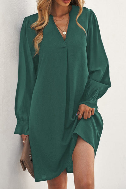 Emerald V Neck Shirt Dress with Ruffled Sleeves