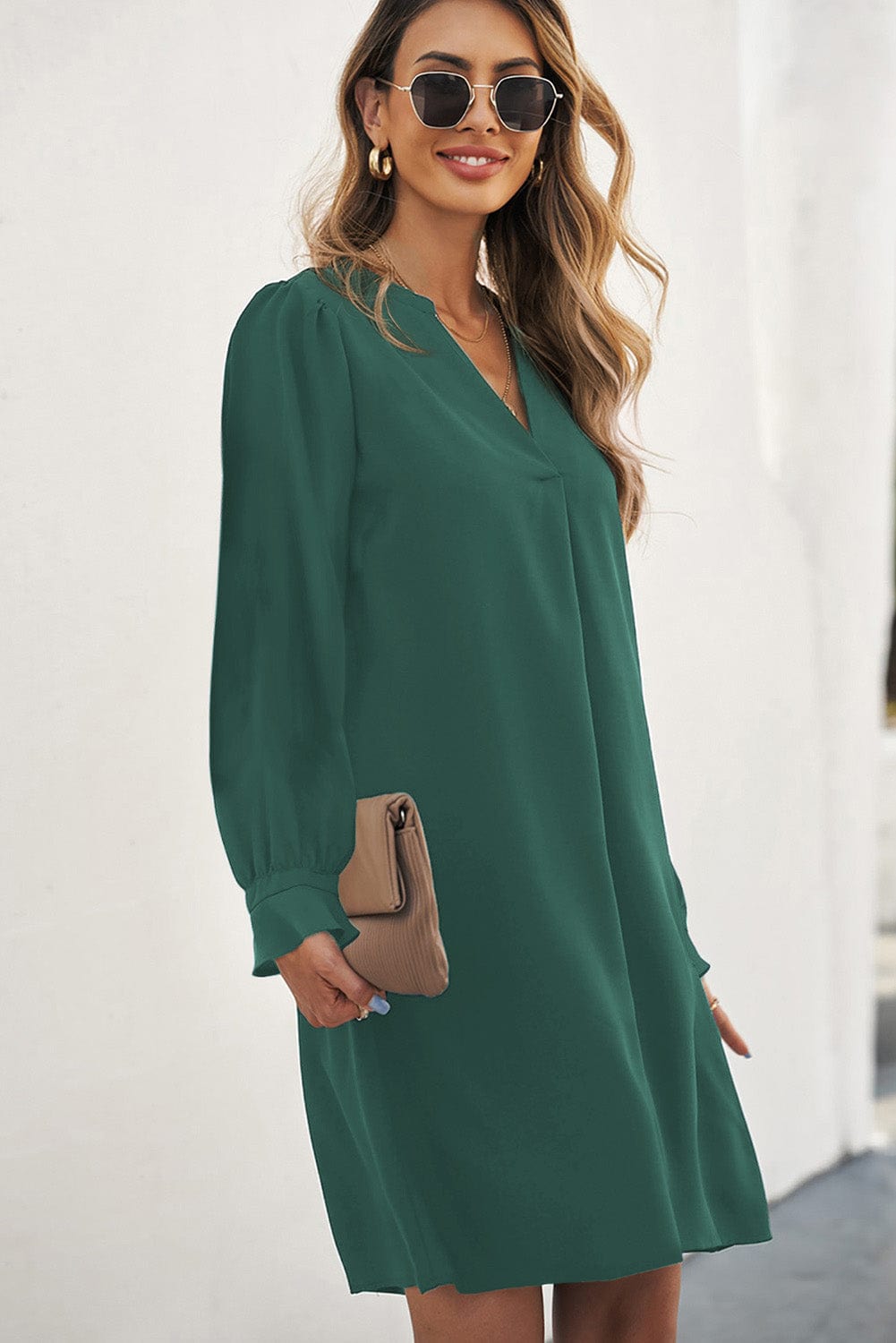 Emerald V Neck Shirt Dress with Ruffled Sleeves