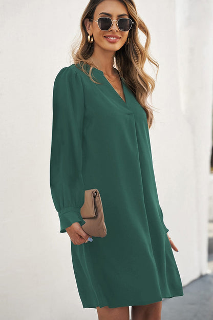 Emerald V Neck Shirt Dress with Ruffled Sleeves