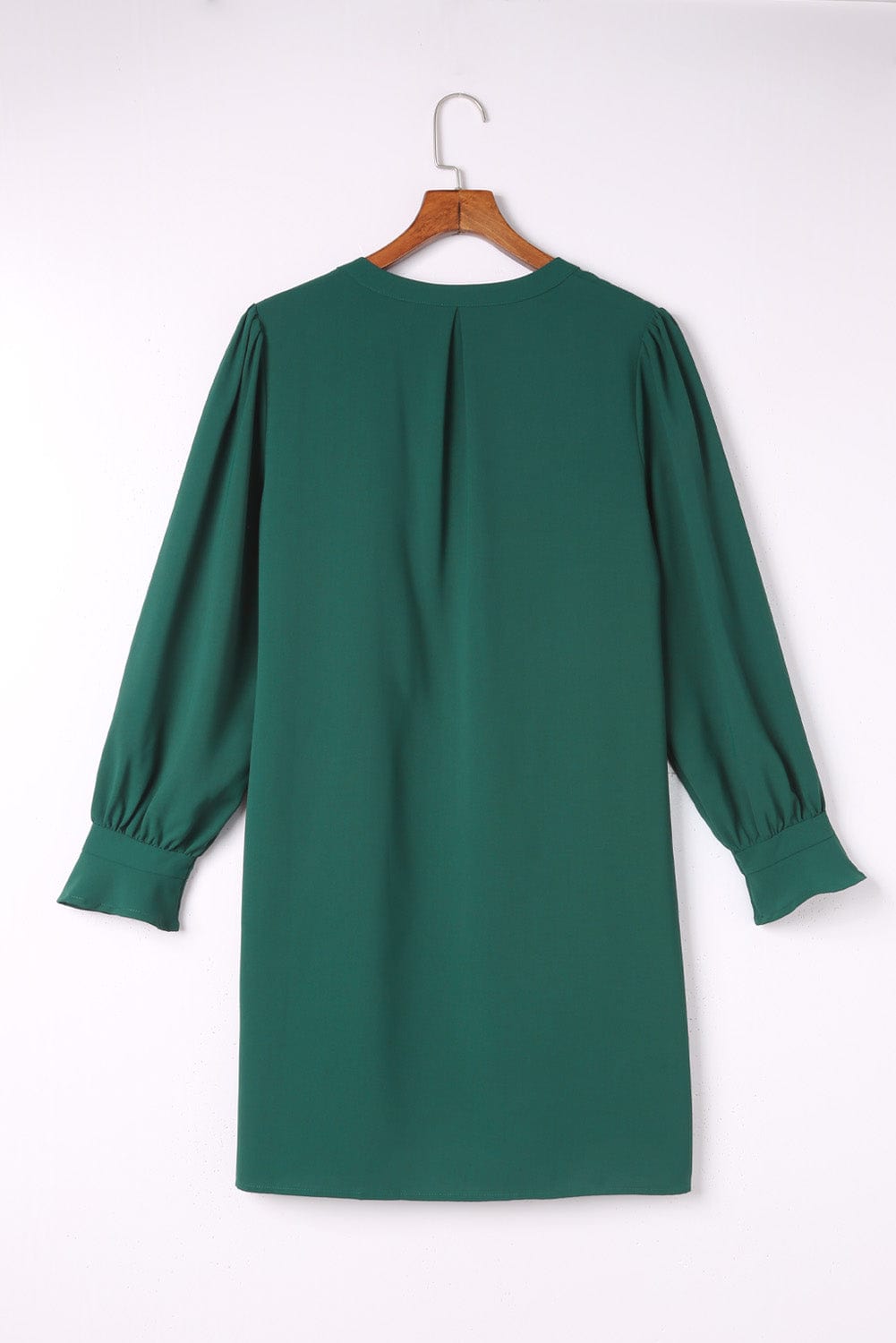 Emerald V Neck Shirt Dress with Ruffled Sleeves