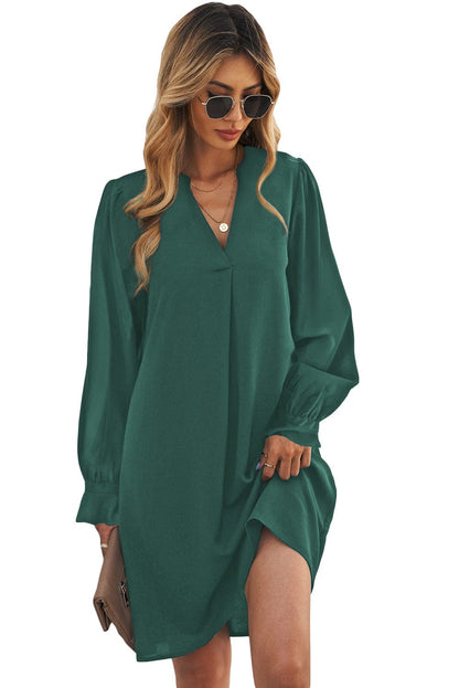 Emerald V Neck Shirt Dress with Ruffled Sleeves