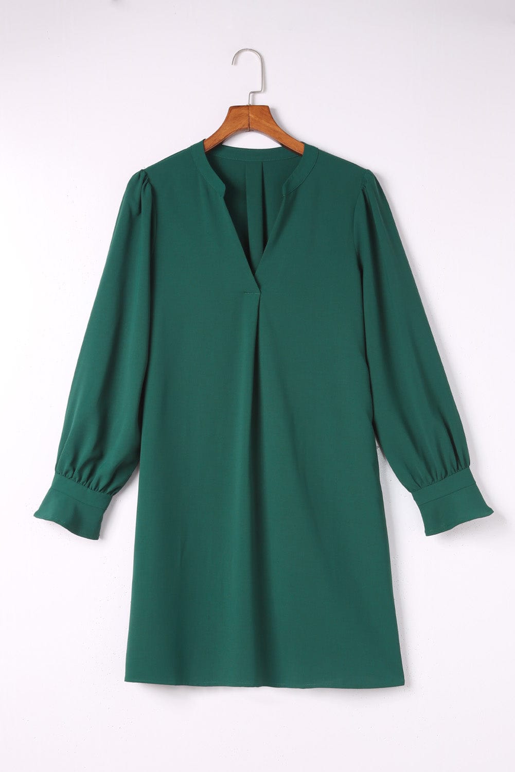 Emerald V Neck Shirt Dress with Ruffled Sleeves