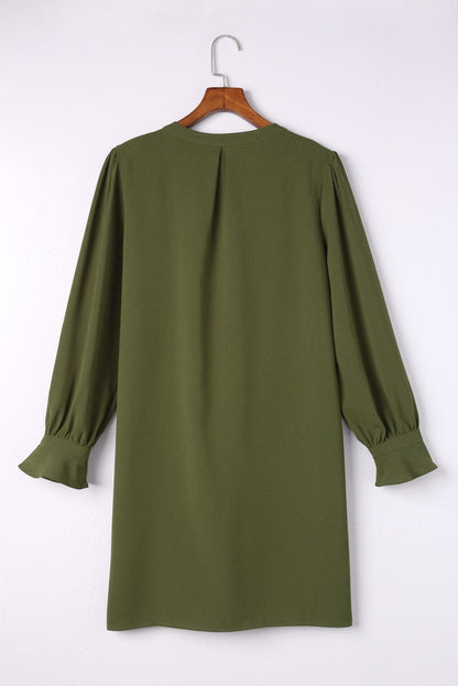 Emerald V Neck Shirt Dress with Ruffled Sleeves