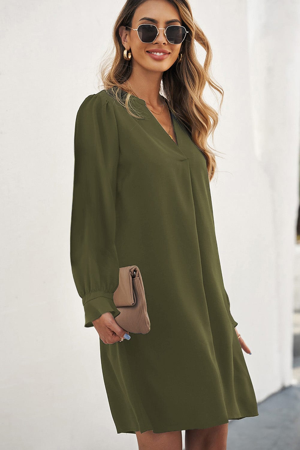 Emerald V Neck Shirt Dress with Ruffled Sleeves