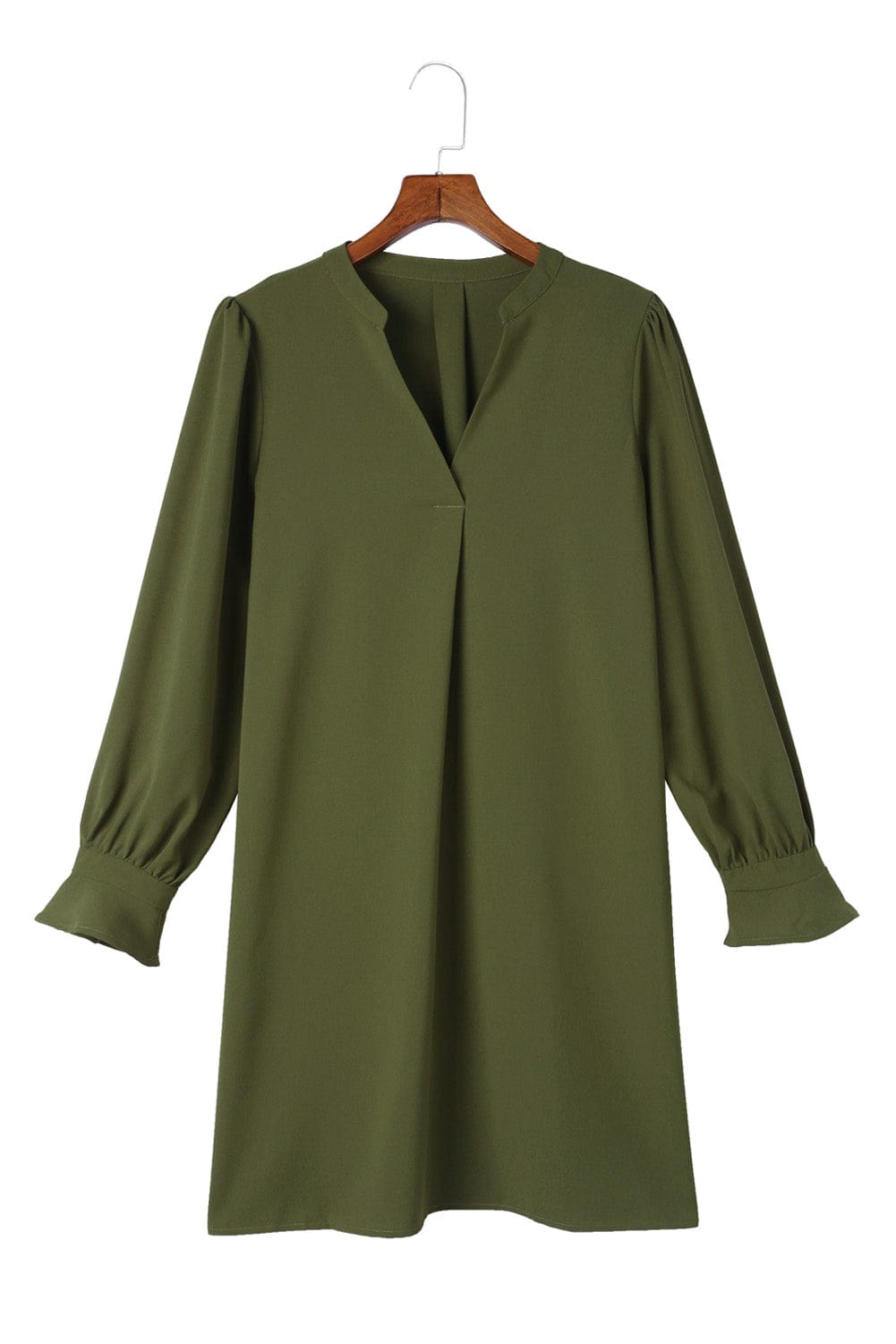Emerald V Neck Shirt Dress with Ruffled Sleeves
