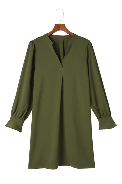 Emerald V Neck Shirt Dress with Ruffled Sleeves