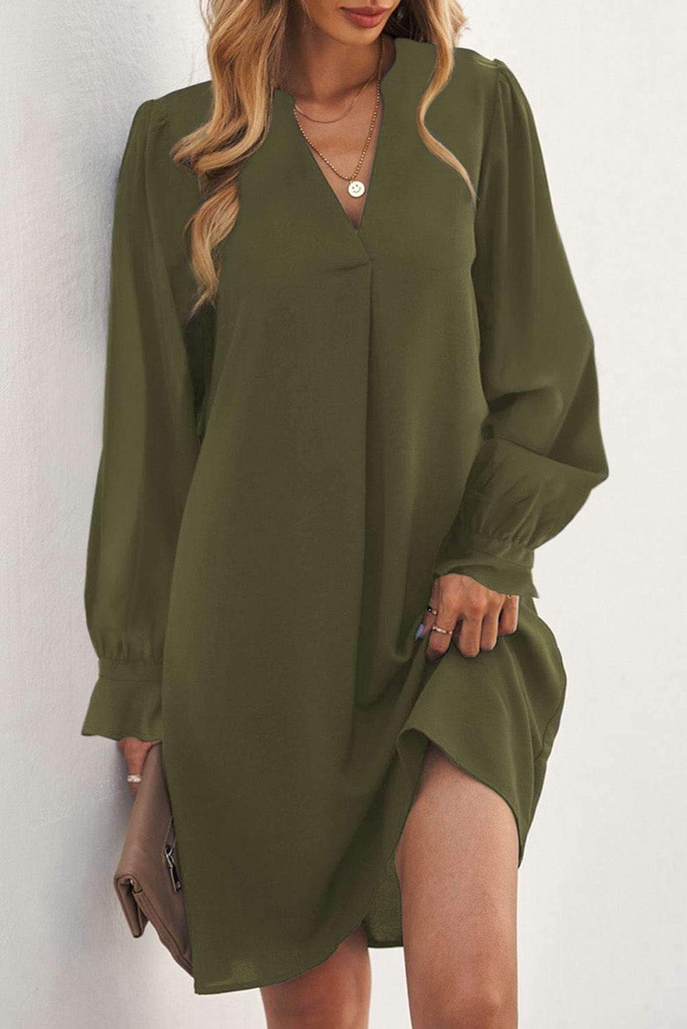 Emerald V Neck Shirt Dress with Ruffled Sleeves