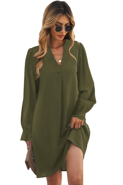 Emerald V Neck Shirt Dress with Ruffled Sleeves