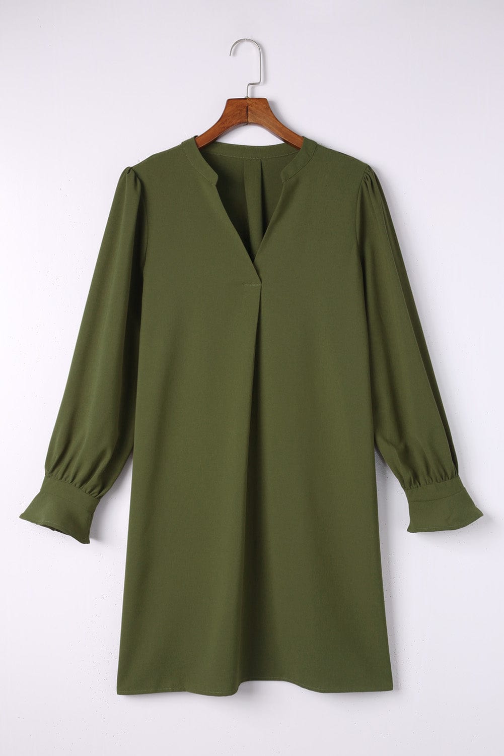 Emerald V Neck Shirt Dress with Ruffled Sleeves