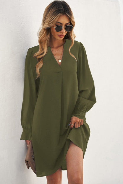 Emerald V Neck Shirt Dress with Ruffled Sleeves