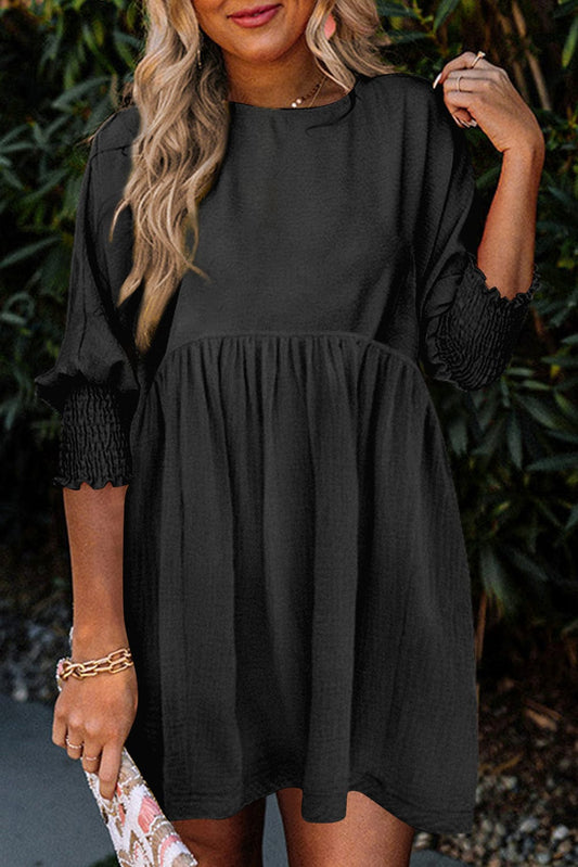 Empire Waist Black Flared Swing Dress with Puff Sleeves