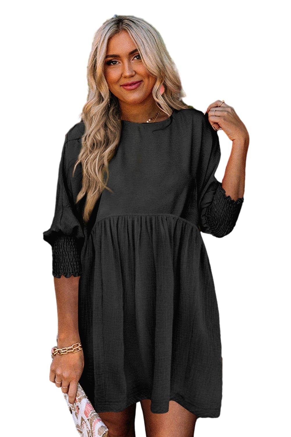 Empire Waist Black Flared Swing Dress with Puff Sleeves