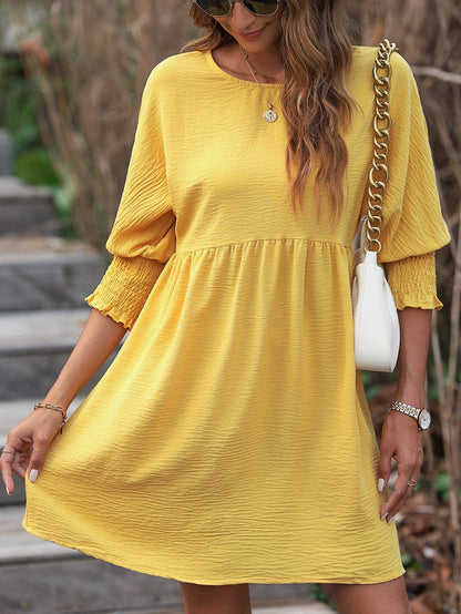 Empire Waist Flowy Yellow Mini Dress with Puff Sleeves