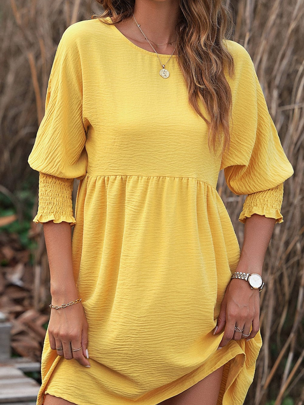 Empire Waist Flowy Yellow Mini Dress with Puff Sleeves