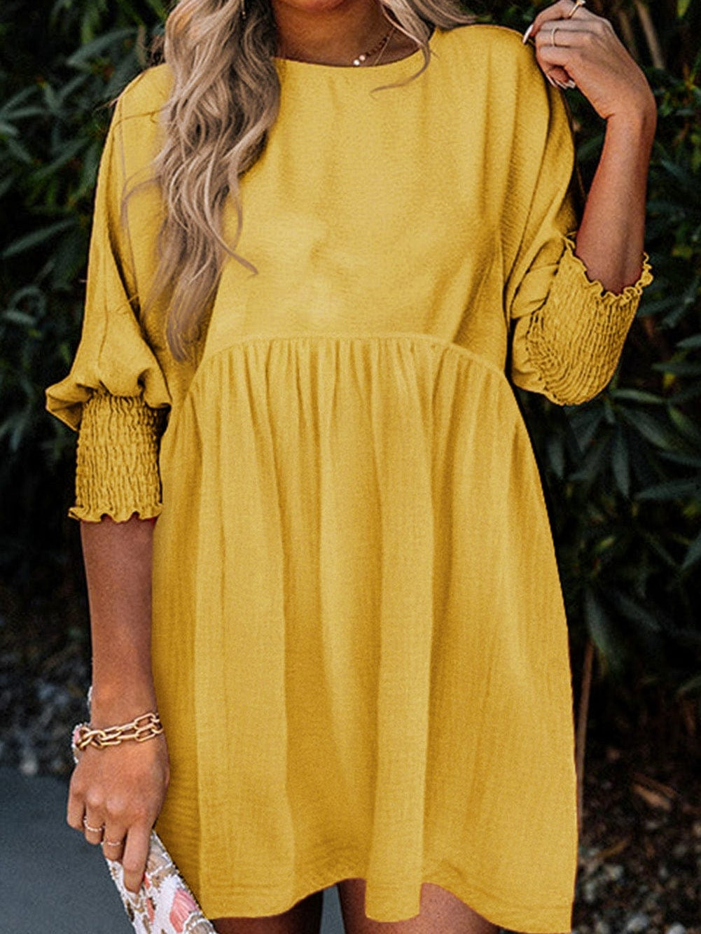 Empire Waist Flowy Yellow Mini Dress with Puff Sleeves