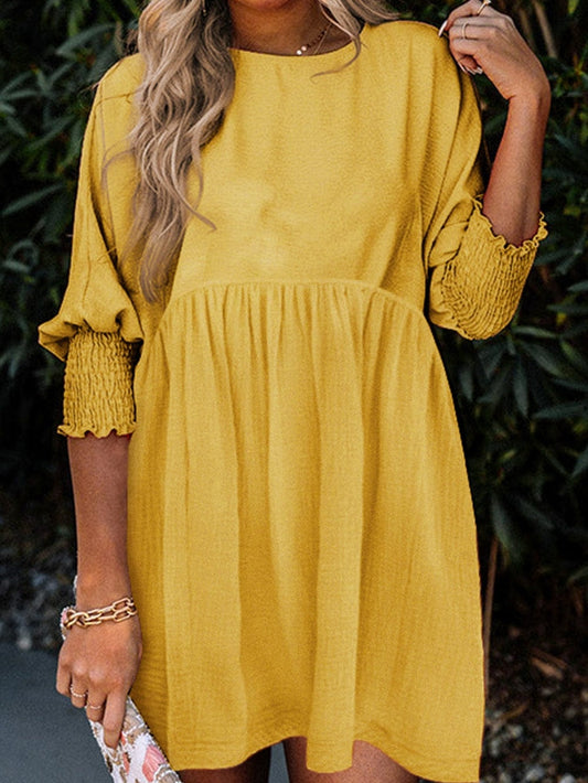 Empire Waist Flowy Yellow Mini Dress with Puff Sleeves