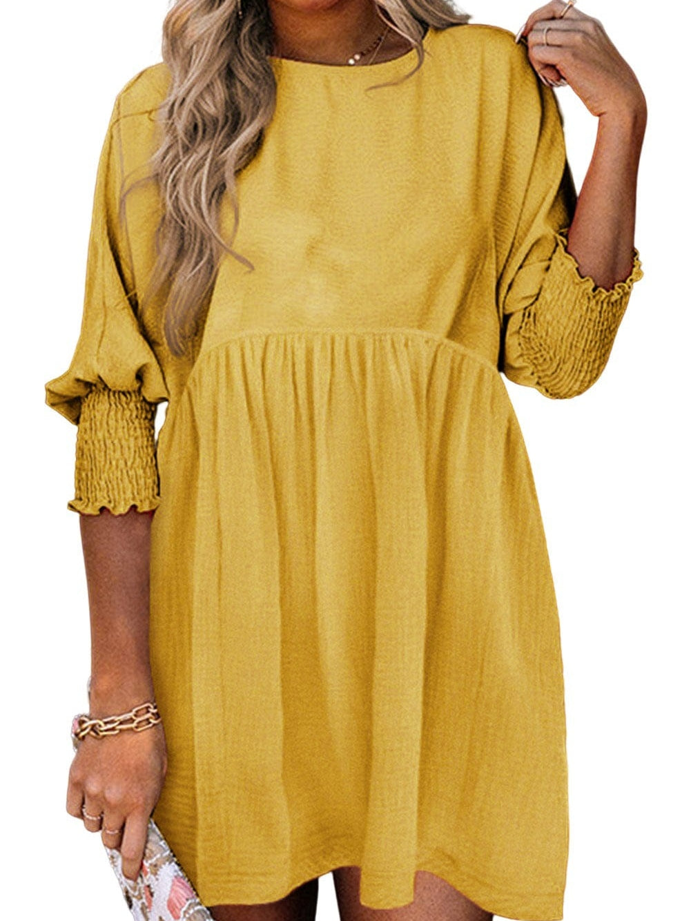 Empire Waist Flowy Yellow Mini Dress with Puff Sleeves