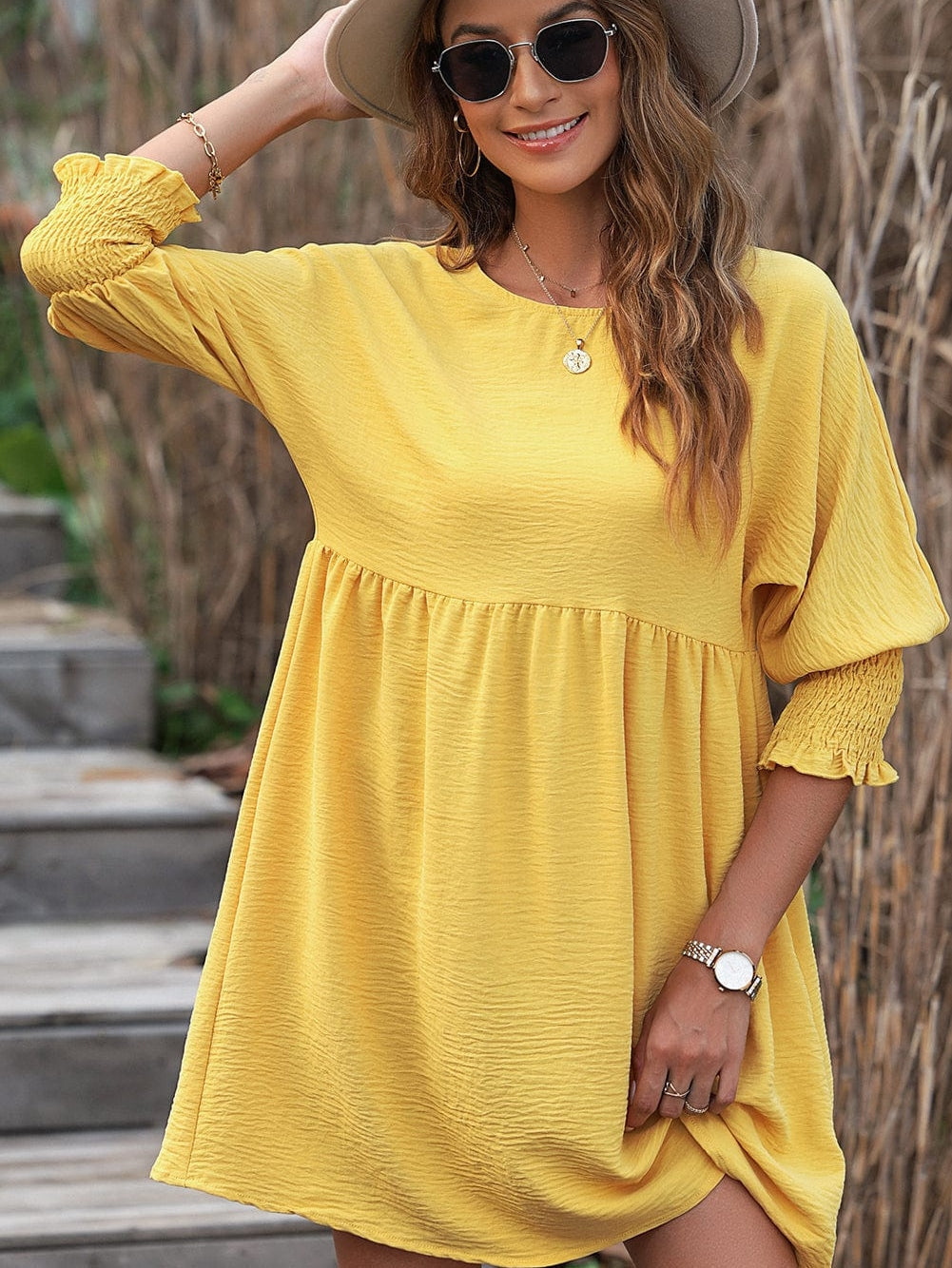Empire Waist Flowy Yellow Mini Dress with Puff Sleeves