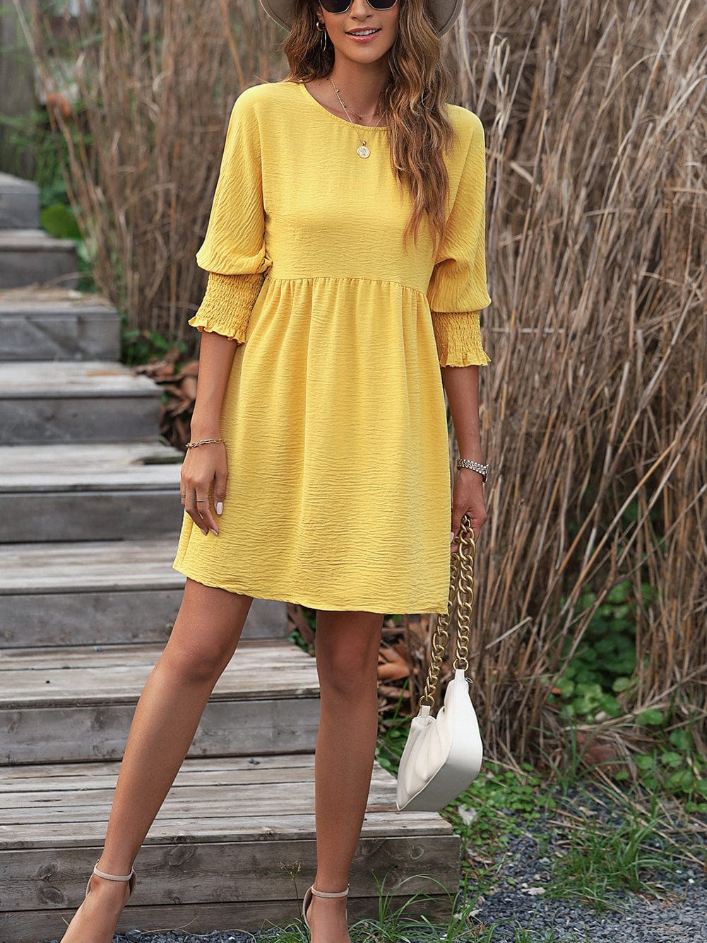 Empire Waist Flowy Yellow Mini Dress with Puff Sleeves
