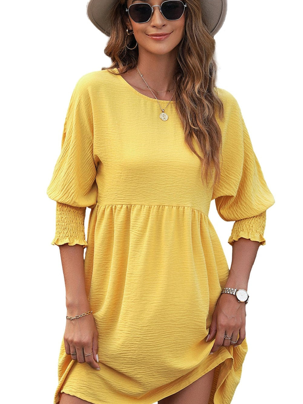 Empire Waist Flowy Yellow Mini Dress with Puff Sleeves