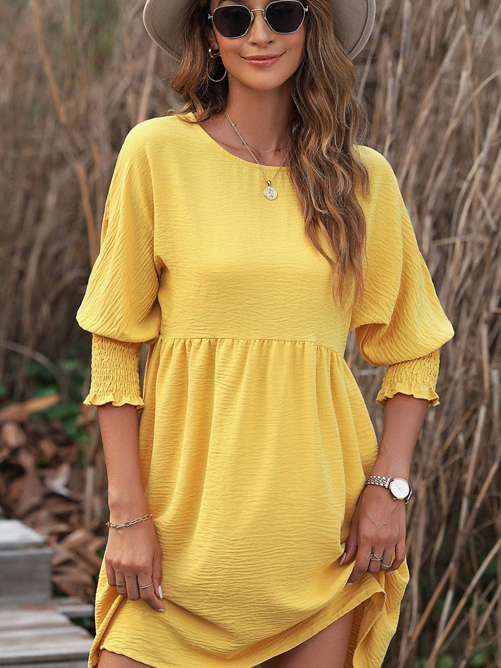 Empire Waist Flowy Yellow Mini Dress with Puff Sleeves