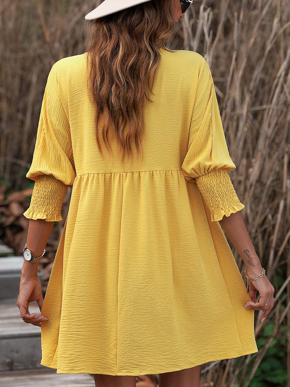 Empire Waist Flowy Yellow Mini Dress with Puff Sleeves