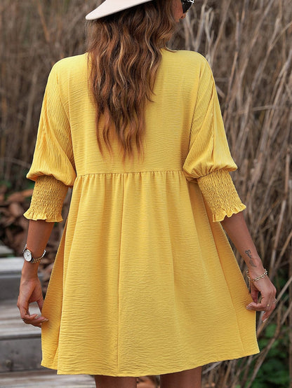 Empire Waist Flowy Yellow Mini Dress with Puff Sleeves