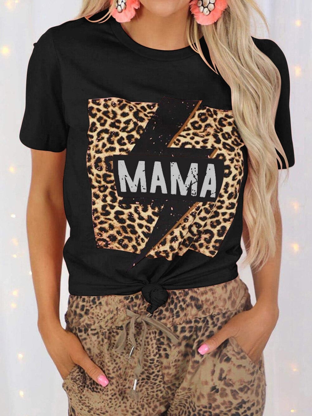 Empowering Leopard Lightning Print Graphic Tee for Moms