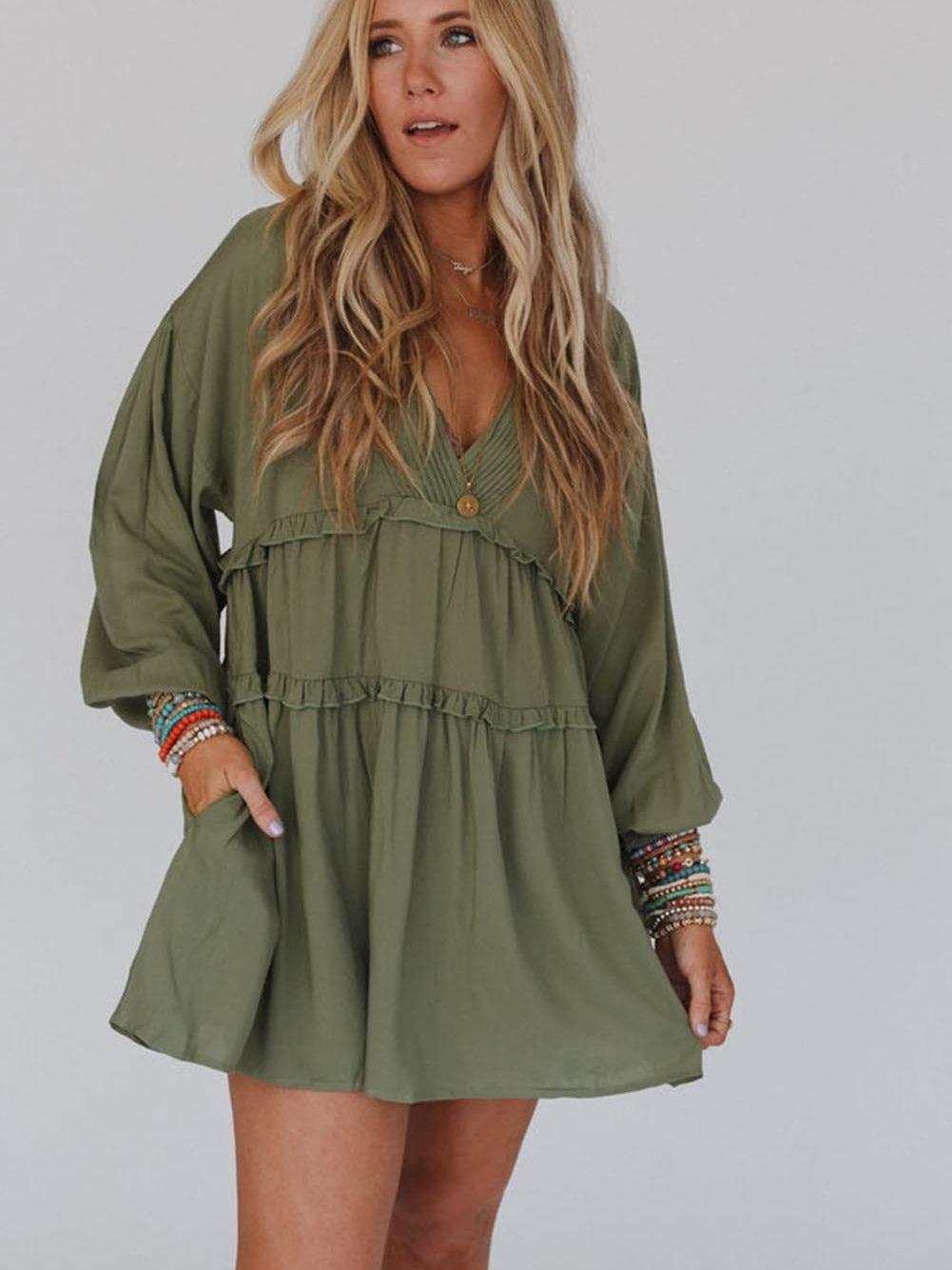 Enchanting Green Puff Sleeve Tiered Frill Mini Dress