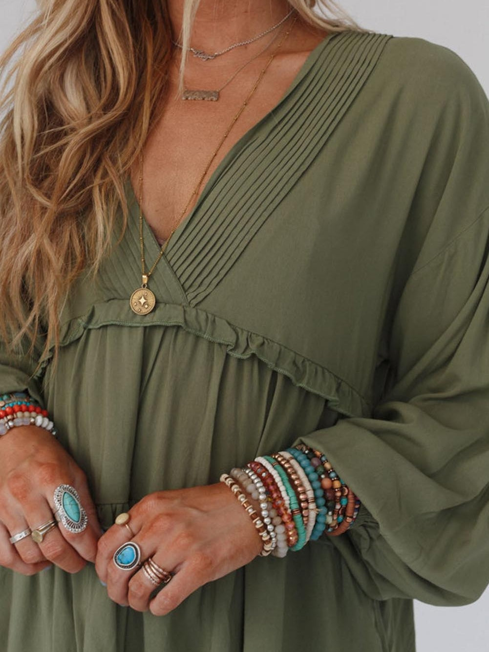 Enchanting Green Puff Sleeve Tiered Frill Mini Dress