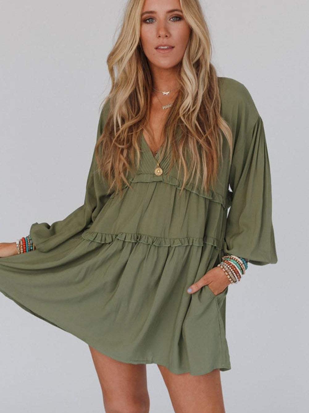 Enchanting Green Puff Sleeve Tiered Frill Mini Dress