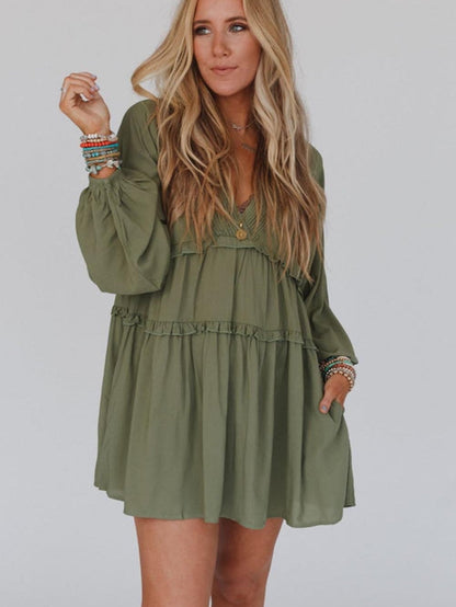 Enchanting Green Puff Sleeve Tiered Frill Mini Dress